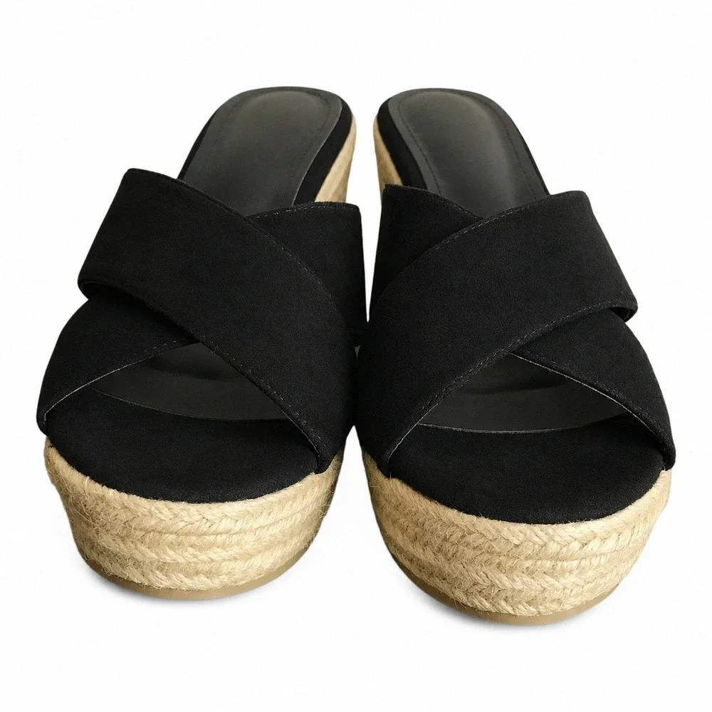 Wedge Espadrille Sandal Women 9 Black Faux Suede Jute‎ Criss Cross Platform Boho